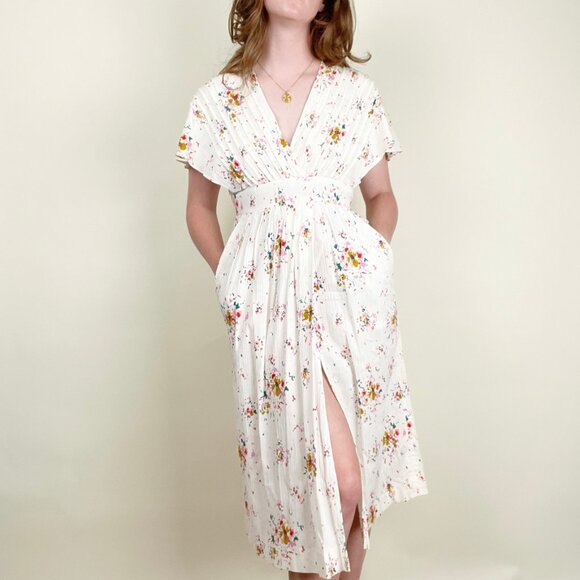 Vintage Floral Midi Sundress with Dolman Sleeves, Pleated, Slit Pockets - Picture 3 of 5